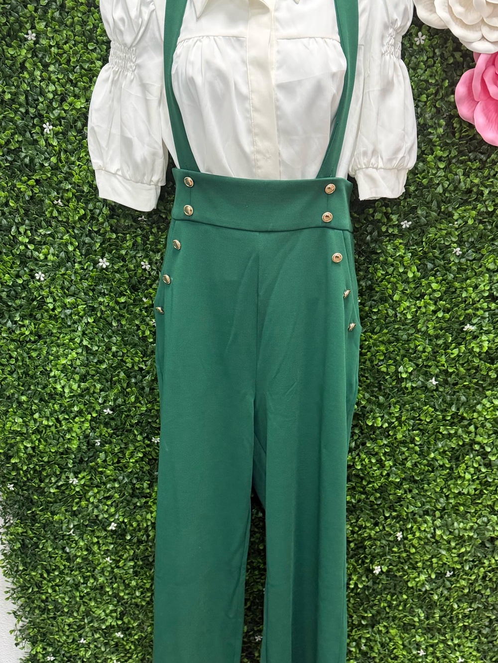 Emerald Green High-Waist Suspender Pants with Gold Buttons -  Dance Costume